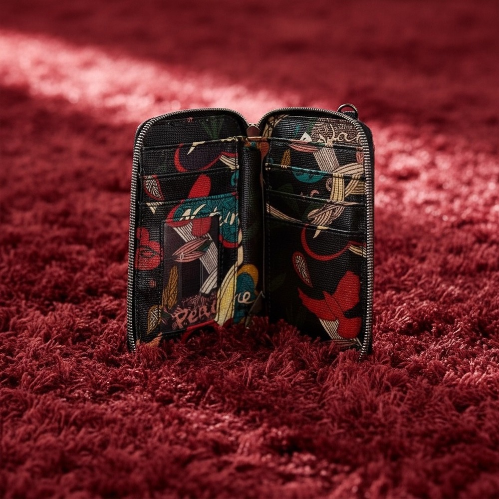 Sakroots Floral Bird Coated Canvas Zip Around Wristlet Wallet Black Multi